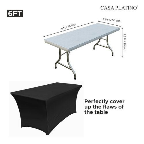 Casa Platino Spandex Tablecloths Rectangular - 2 Pack 8FT Black Table Cloth for Rectangular Fitted Folding Tables, Wrinkle Resistant, Stretchable Table Covers for Party, Wedding, Cocktail & Birthday