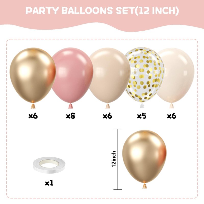 Blush Pink and Gold Balloons Set, 12 Inch Retro Pink and Champagne Gold Balloons Pastel Pink Metallic Gold Confetti Balloons for Birthday Bridal Shower Bachelorette Boho Party Supplies