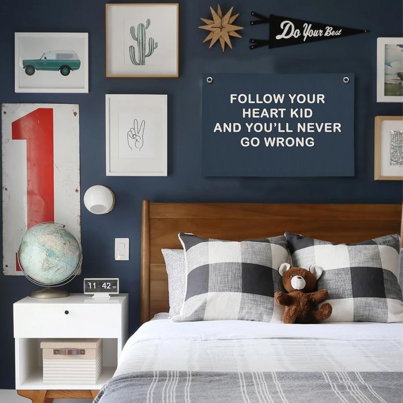 ShowDraven Boy Nursery Decor, Inspirational Wall Decor Hanging Linen Banner, Navy Blue Motivational Wall Flag for Kids Boys Room Playroom Nursery Decor, 20x30 Inch