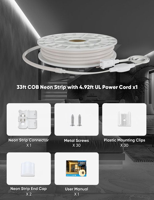 HeliosRibbon COB Led Neon Rope Lights 33ft 6000K Cool White, 110-120V Outdoor Waterproof Lighting Strip 600lm/m Super Bright, Cuttable and Adhesive, for Roof Bedroom Garden Commercial