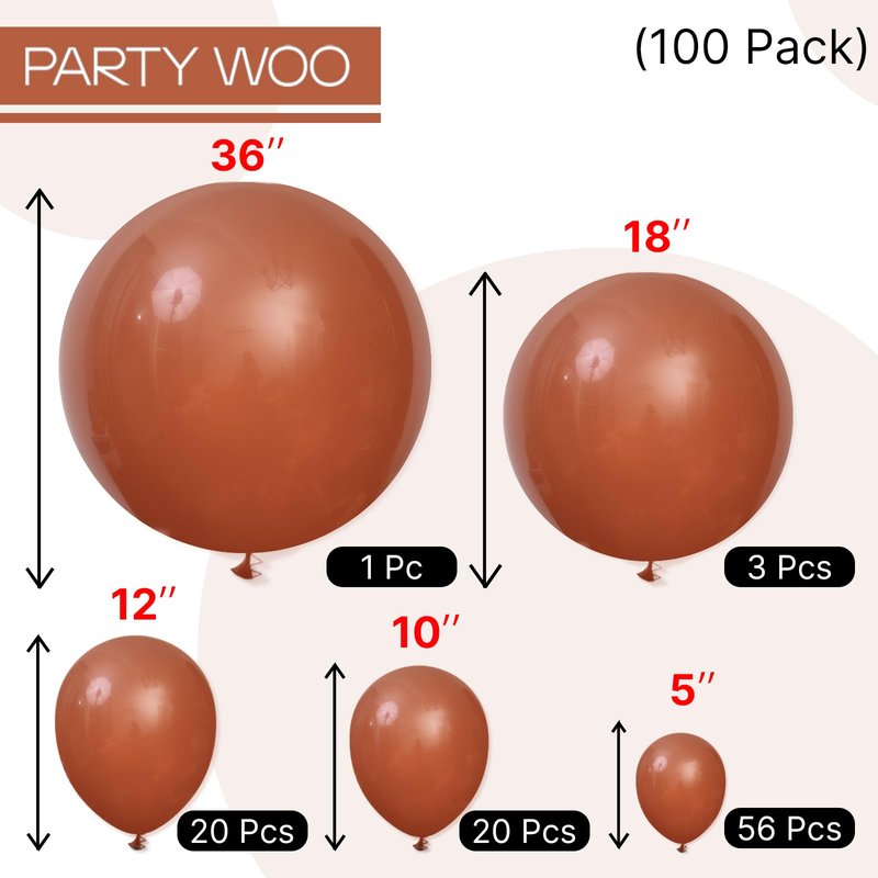 PartyWoo Dark Brown Balloons 100pcs Different Sizes of 36 18 12 10 5 Inch Boho Neutral Coffee Tan Balloon Arch Kit Garland for Birthday Boy Baby Shower Jungle Safari Fall Party Decorations Brown-F08