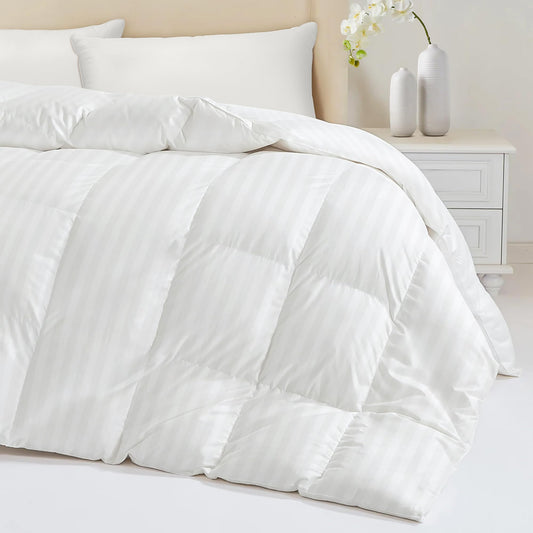 Down Feather Fiber Comforter Queen Size - All Season Luxury Hotel Duvet Insert, Medium Warmth, 750+ Fill Power Fluffy Premium Comforter with 8 Corner Tabs, White Cotton Cover, 90'' x 90''