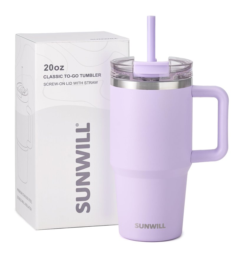 SUNWILL 20 oz Tumbler with Lid, Travel Coffee Mug with Handle and Straw Leak Proof, Stainless Steel Cup Insulated for Office & Gym, Cupholder Friendly, Powder Coated Light Purple