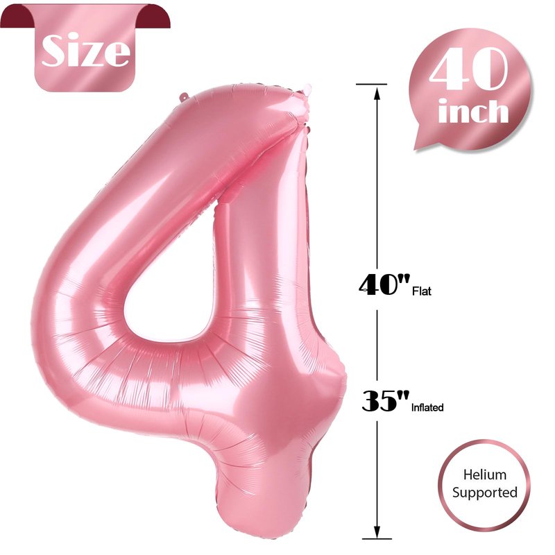Pearlescent Pink Number 4 Balloon 40 Inch, 4th Birthday Party Decorations for Children, Giant 4 Foil Balloon for Party Supplies