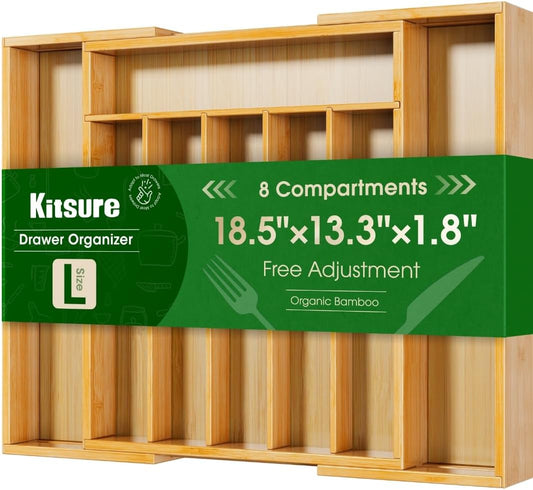 Kitsure Silverware Organizer - Expandable Bamboo Drawer Storage for Utensils & Cutlery | Large Natural Design