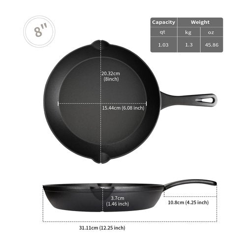 CUISGUSTO 8 Inch Cast Iron Skillet Pre-Seasoned Nonstick Frying Pan, Durable Cookware for Christmas Holiday Meals, Oven Safe for Kitchen & Camping