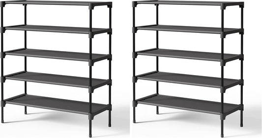 Kitsure Shoe Rack - Stackable Non-Woven Shoe Organizer for Closet & Entryway | 5-Tier, 27.5" Wide, Black (Pack of 2)