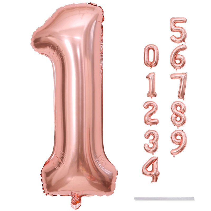 Rose Gold 1 Balloons, 40 Inch Giant Helium Foil Number 0-9 for Girls, Self Inflating Digit 1st Birthday Balloon for Women Anniversary Baby Shower New Year Engagement Party Decorations Supplies