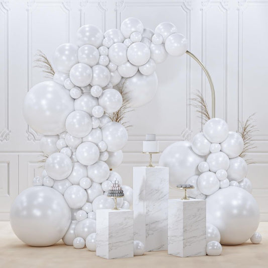 PartyWoo Pearl White Balloons 140pcs Different Sizes Pack of 18 12 10 5 Inch Metallic White Latex Balloon Arch Kit Garland for Wedding Graduation Baby Shower Birthday Party Decorations White-Z30