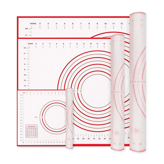 Silicone Baking Mat, 3pcs Non-Stick Pastry Rolling Mat with Measurement, Contains Three Sizes, 20 ×28“, 16 × 24" and 10.3 × 11.4", Food Safe Oven Baking Mats for Counter, Placemat, Cake, Pizza (Red)