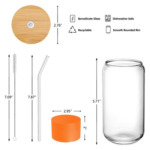 DAMCONME Glass Coffee Cup with Lid and Straw, 16 oz Reusable Glass Tumbler with Bamboo Lid, Orange Silicone Sleeve and Cleaning Brush, for Iced Coffee and Cold Brew, Orange