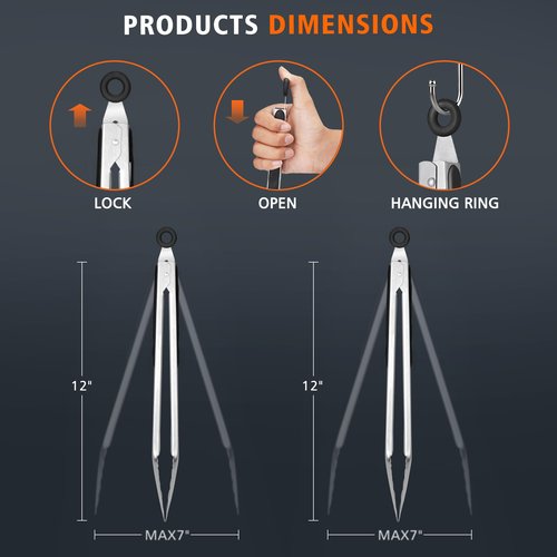 Hotec Stainless Steel Kitchen Tongs, Set of 2-12", Locking Metal Food Tongs for Cooking, Serving, BBQ, Grill Non-Slip Grip
