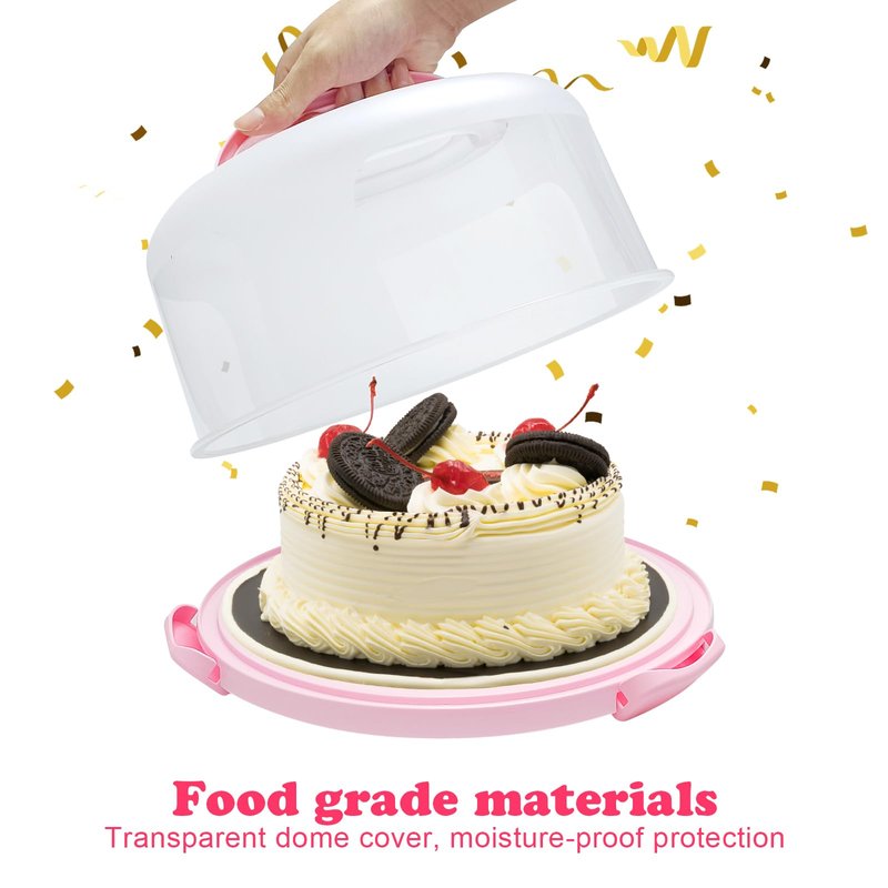 RTUDOPUYT Cake Carrier with Lid and Handle, Fit 10’’ Cake Stand with Lid, Cake Transport Storage Container, Cake Containers Cover Stand with Lids, 3 Secure Side Closures (Pink)