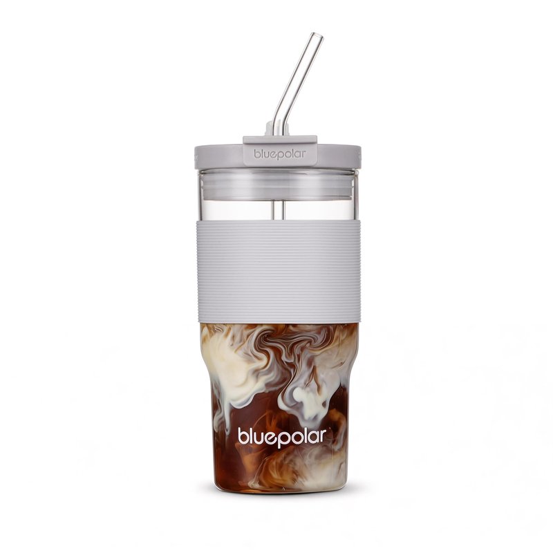 BLUEPOLAR 20 oz Glass Cups with Lids and Straws - Leak-Proof Portable Travel Water Glass Tumbler for Smoothies, Iced Coffee, Matcha, and Cold Beverages - Durable and Eco-Friendly (grey)