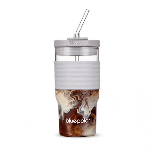 BLUEPOLAR 20 oz Glass Cups with Lids and Straws - Leak-Proof Portable Travel Water Glass Tumbler for Smoothies, Iced Coffee, Matcha, and Cold Beverages - Durable and Eco-Friendly (grey)