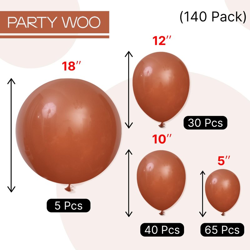 PartyWoo Dark Brown Balloons 140pcs Different Sizes of 18 12 10 5 Inch Boho Neutral Coffee Tan Balloon Arch Kit Garland for Birthday Boy Baby Shower Jungle Safari Fall Party Decorations Brown-F08