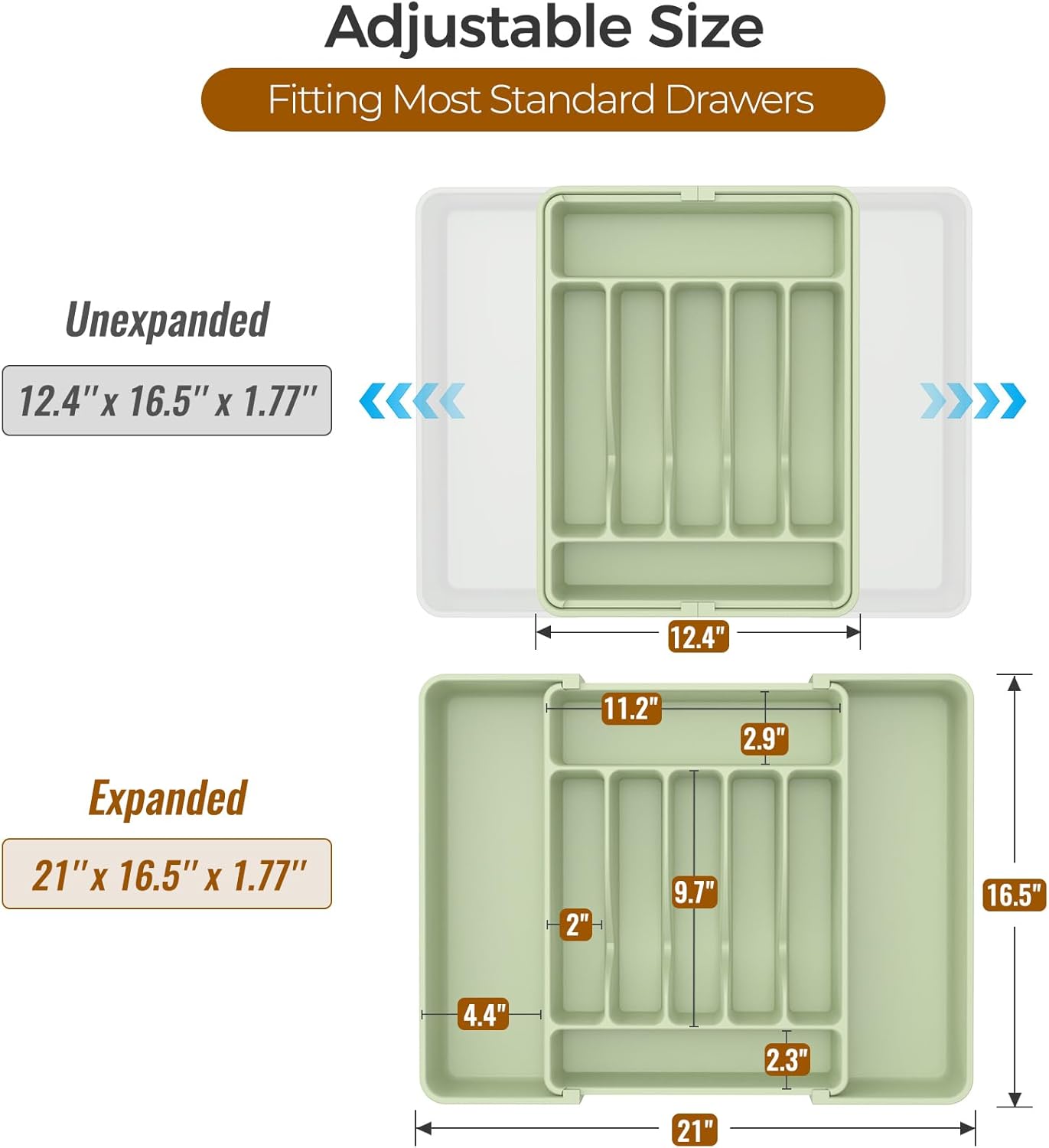 Ukeetap Extra Large Expandable Silverware Organizer - BPA-Free Cutlery Holder | Adjustable Green Design