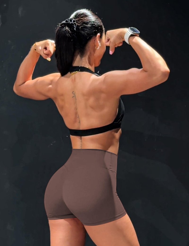 YEOREO Women's Biker Shorts 3.6" / 4.5" / 6" Workout Gym Shorts High Waist Tummy Control Hidden Scrunch Running Yoga Plum Brown