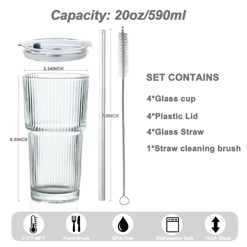 wangsdjy 20oz Ribbed Drinking Glasses with Lids and Glass Straws-Thickened Glass cup -Vintage glass straw cups- Ideal for Iced Coffees, Cocktails, Juices, Family Use and Parties (4)