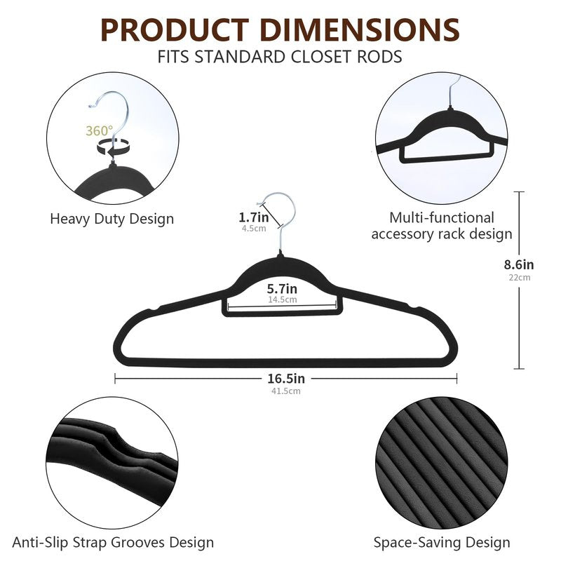Slim Non-Slip Black Velvet Hangers, Space Saving Heavy Duty Felt Hangers with 360° Swivel Silver Hooks, 50 Pack