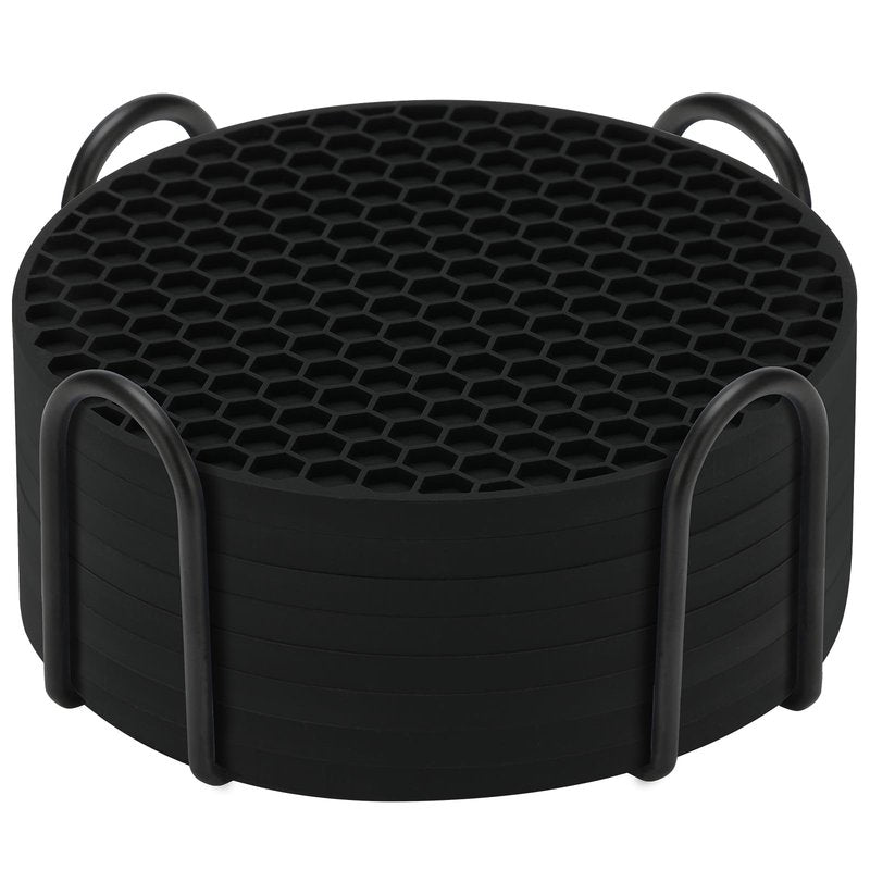 TWTLi Silicone Coasters Set of 8 with Holder,Coasters for Drinks,Beer,Coffee Coasters,Suitable for Kinds Cups,Hot or Cold,Anti-SLI,Non-Stick,Anti-Overflow Tabletop Protection and Decor (8 Pcs, Black)