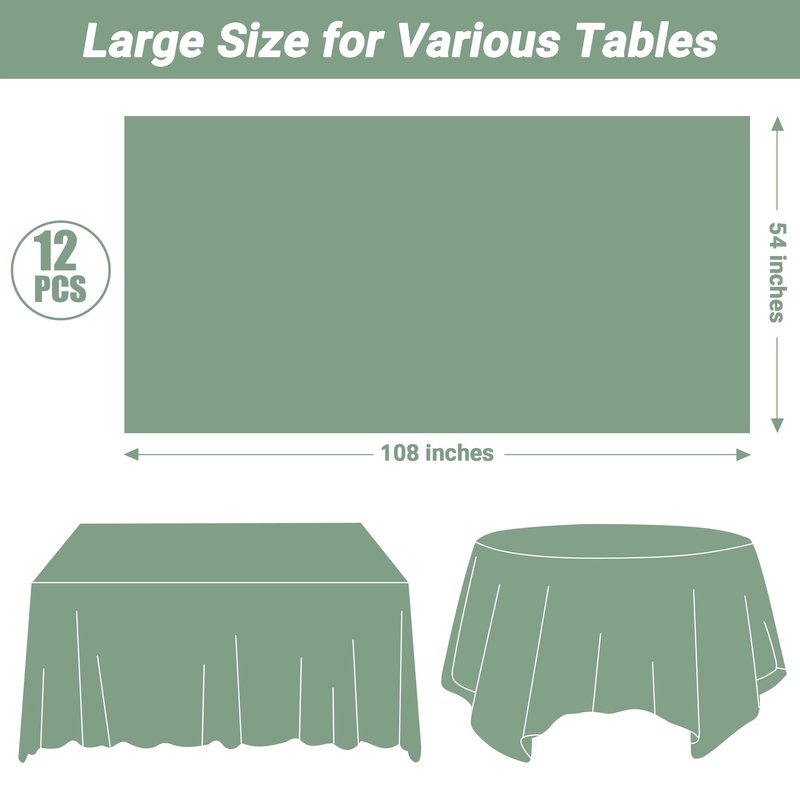 QZYL 12 Pcs Rectangle Tablecloth, 54 X 108 Inches Plastic Table Cover, Sagegreen Disposable Table Cloth Party Decorations, Robust Table Cover Birthday Party, Baptism Decorations and Home Essentials
