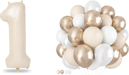 Skiennix 40-Inch Number 1 Balloon - 60 Pcs White Gold & Nude Cream Confetti Balloons for 1st Birthday & Boho Wedding Decor