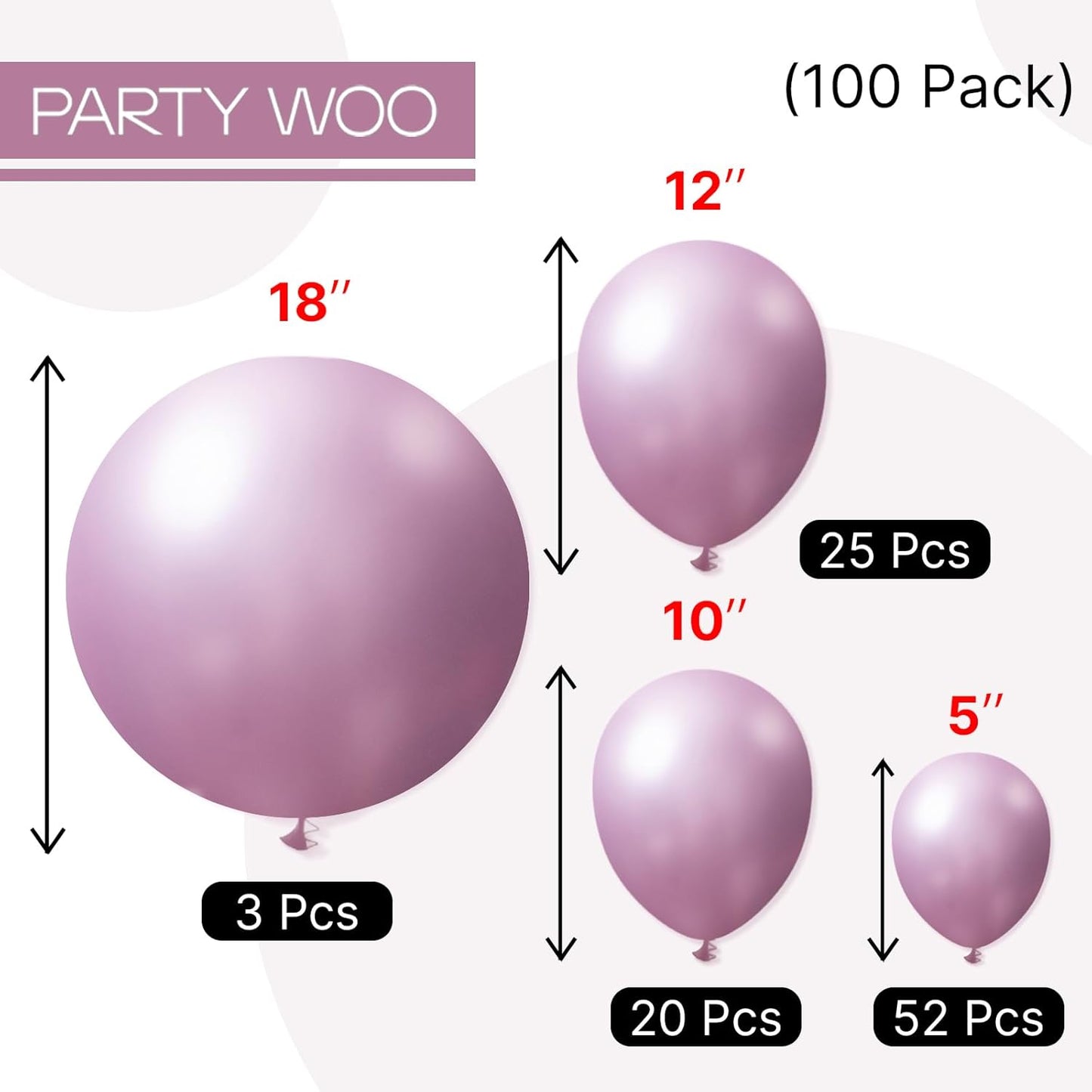 PartyWoo Metallic Pink Balloons - 100-Piece Pack in 5, 10, 12 Inch Sizes for Graduation, Weddings, and Birthday Celebrations