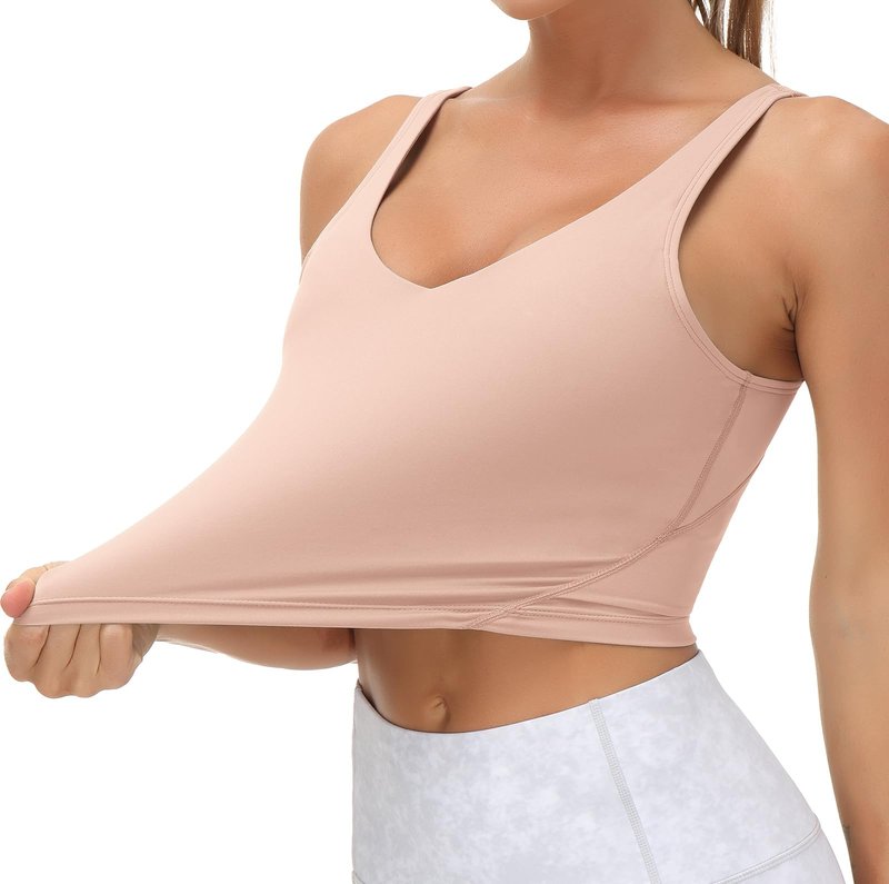 Women’s Longline Sports Bra Wirefree Padded Medium Support Yoga Bras Gym Running Workout Tank Tops(Soft Pink, Small)