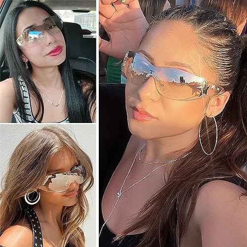 Rimless Y2K Sunglasses Star Wrap Around Glasses 2000S Accessories for Women Men Trendy Fashion Cool Shield Shades