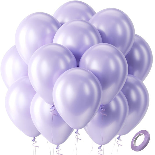 Bezente Pearl Lavender Latex Party Balloons - 100 Pack 12 inch Round Helium Pearl Light Pastel Purple Lilac Balloons for Bachelorette Fairy Girl Wedding Engagement Birthday Party Decorations