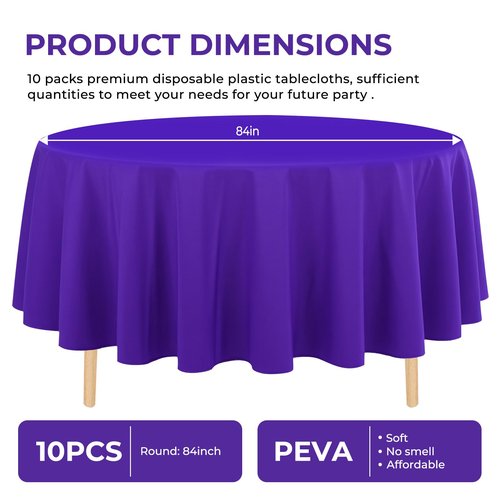 JHDZDHY 10 Pack Premium Disposable Plastic Tablecloth 84" Round Table Cover for Birthdays Weddings Christmas Anniversary Buffet Table (Purple)
