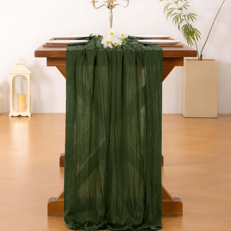 Socomi 3pcs Olive Green Summer Cheesecloth Table Runner Boho Rustic Gauze 120 inch 10FT Cheese Cloth Sheer Runner for Wedding Party Baby Shower Birthday Home Decor