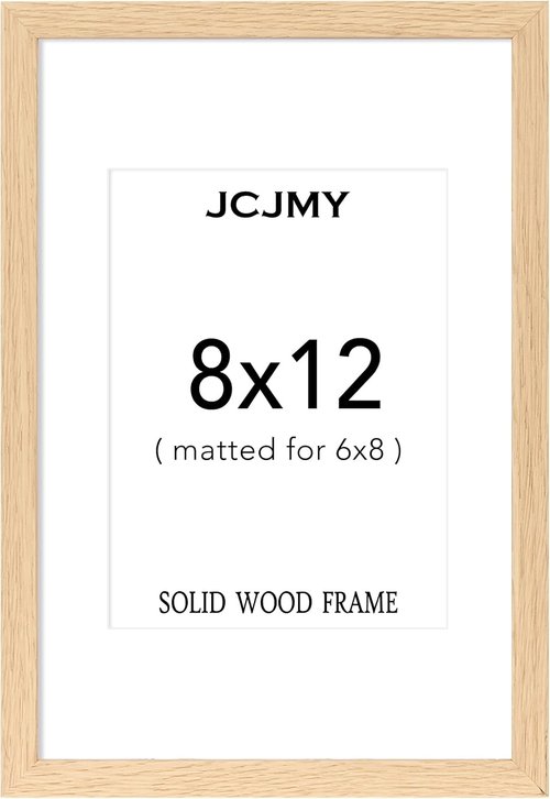 JCJMY 8x12 Solid Wood Picture Frame - Display 6x8 with Mat or 8x12 Without Mat, Natural Finish