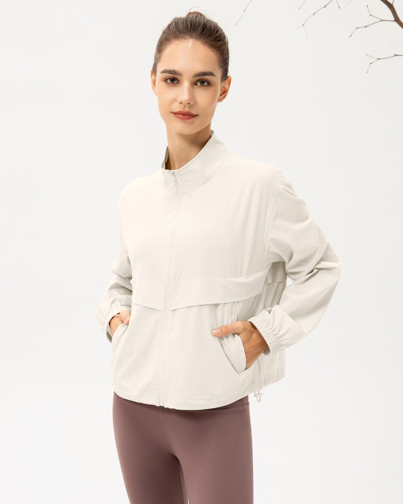YOQYO Women's Lightweight Zip Up Athletic Workout Jacket Stand Collar Sun Protection Shirts Outdoor Jackets Beige XL
