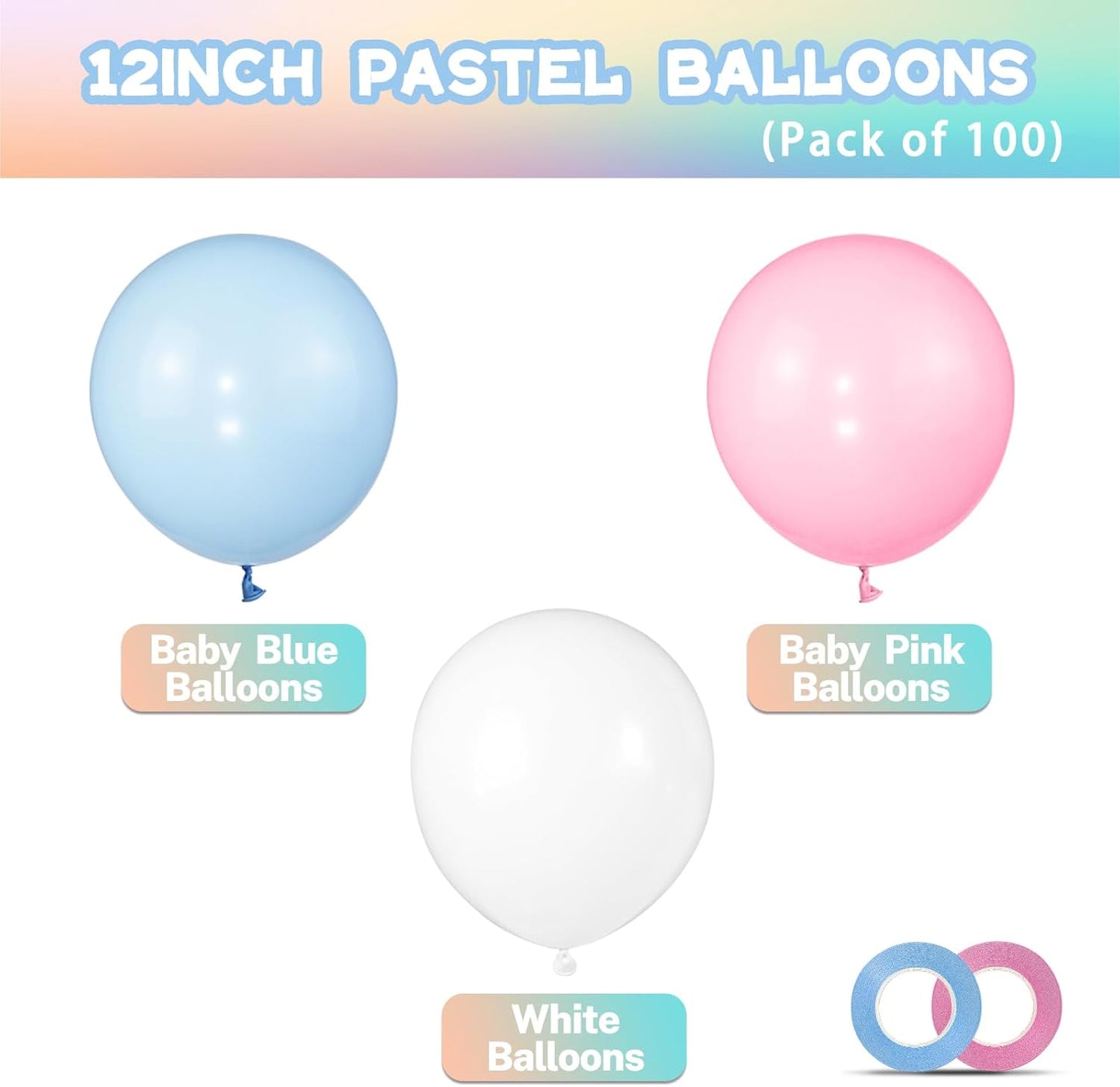 Pastel Pink & Blue Balloons - 100 Pack 12-Inch Latex Balloons with 65ft Ribbon for Parties
