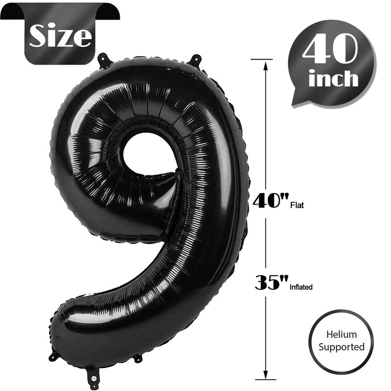 Black Number 9 Balloon 40 Inch, 9th Birthday Party Decorations for Children, Giant 9 Foil Balloon for Party Supplies