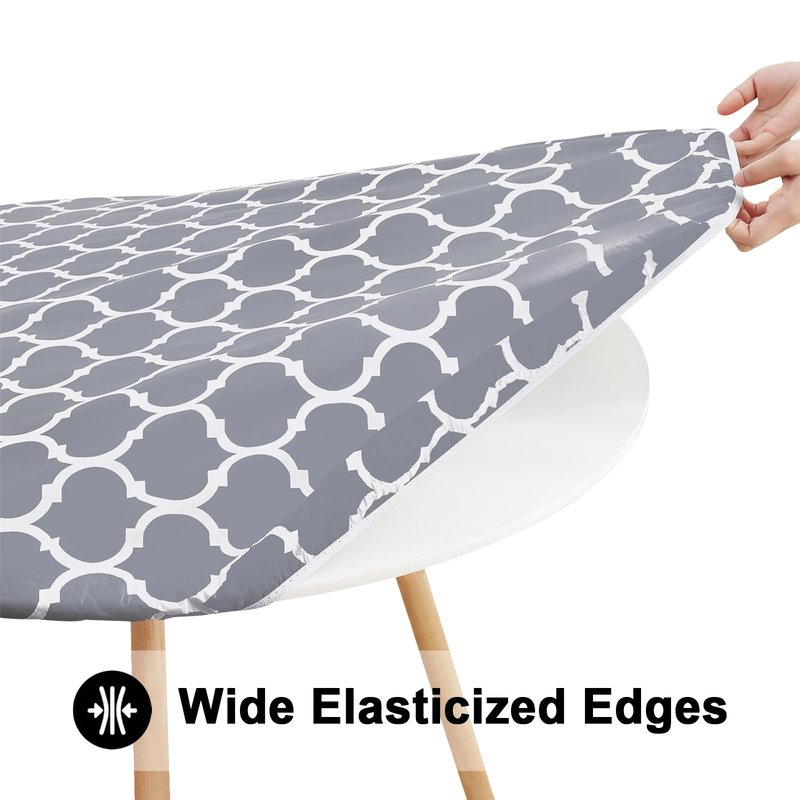 Smiry Round Picnic Tablecloth, Waterproof Elastic Fitted Table Covers for 36" - 44" Tables, Wipeable Flannel Backed Vinyl Tablecloths for Camping, Indoor, Outdoor, Grey & White