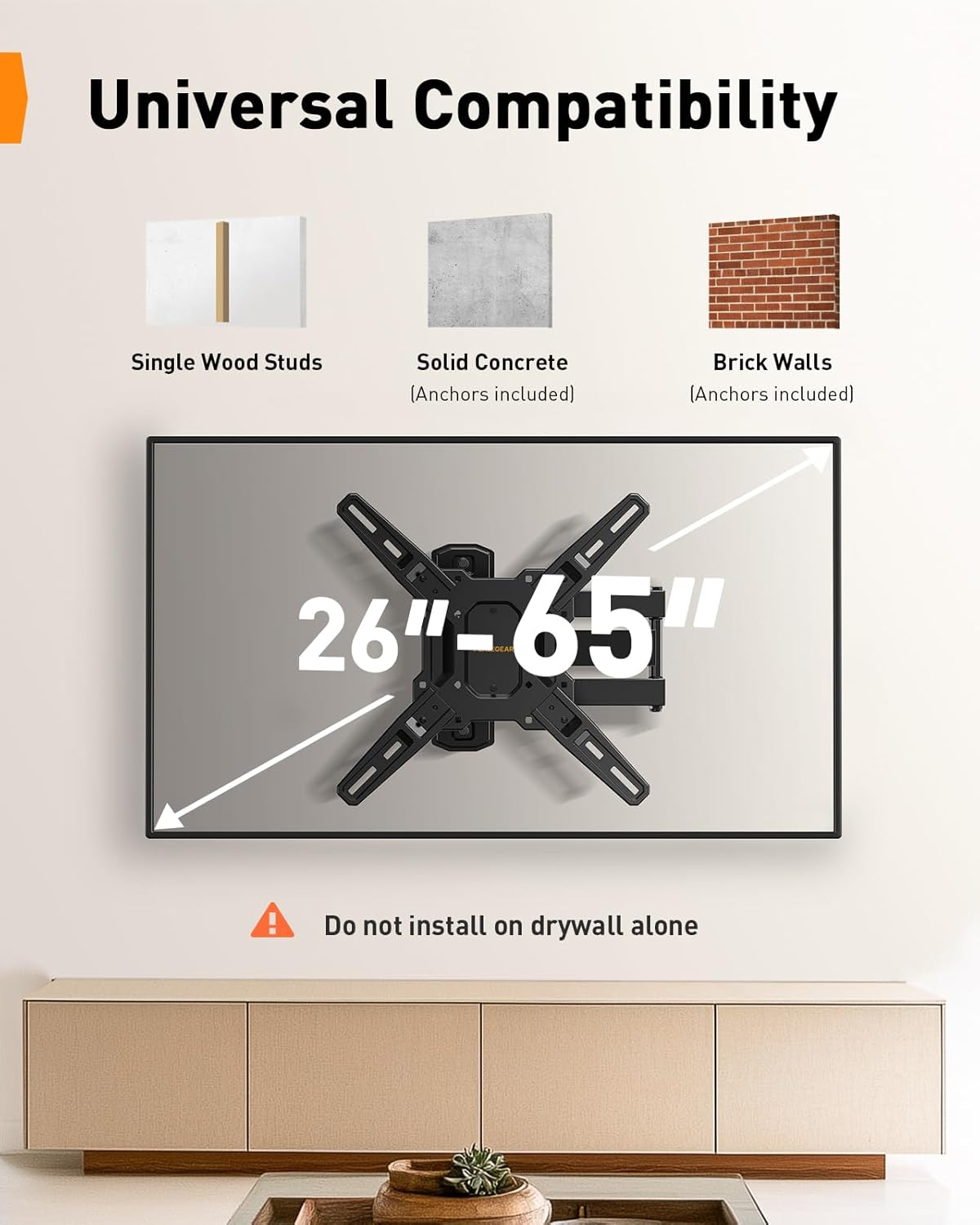 Perlegear Full Motion TV Mount - Articulating Bracket for 26-65 Inch TVs | Tool-Free Tilt & Swivel, Max VESA 400x400mm