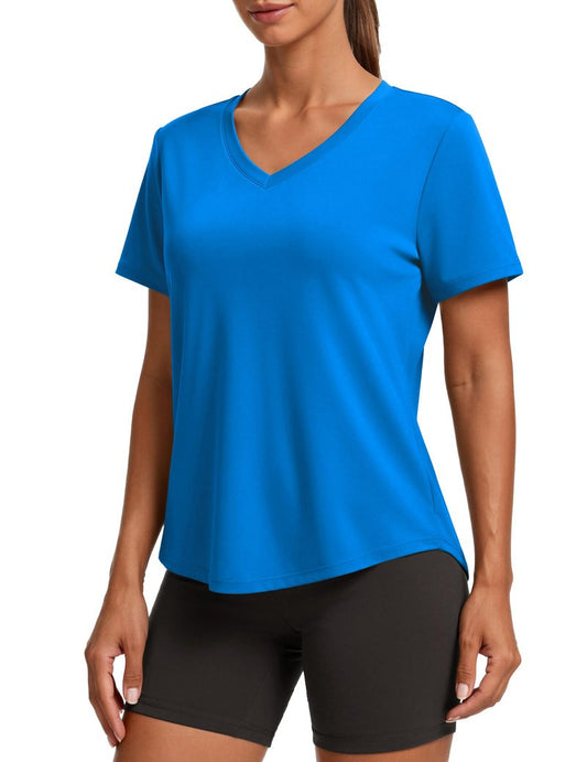 PINSPARK Quick Dry Workout Tops for Women Short Sleeve V Neck Moisture Wicking Athletic Gym Shirts Running Hiking T-Shirts,Sparkle Blue X-Large