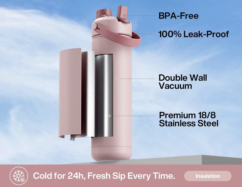 POWCAN 26 oz Insulated Water Bottle with 2-in-1 Straw and Spout Lid, Keep Cold 24H, Leak-Proof, Fits in Car Cup Holder, Stainless Steel Water Bottle for Sports, Travel, Gym, and School (Dried Rose)