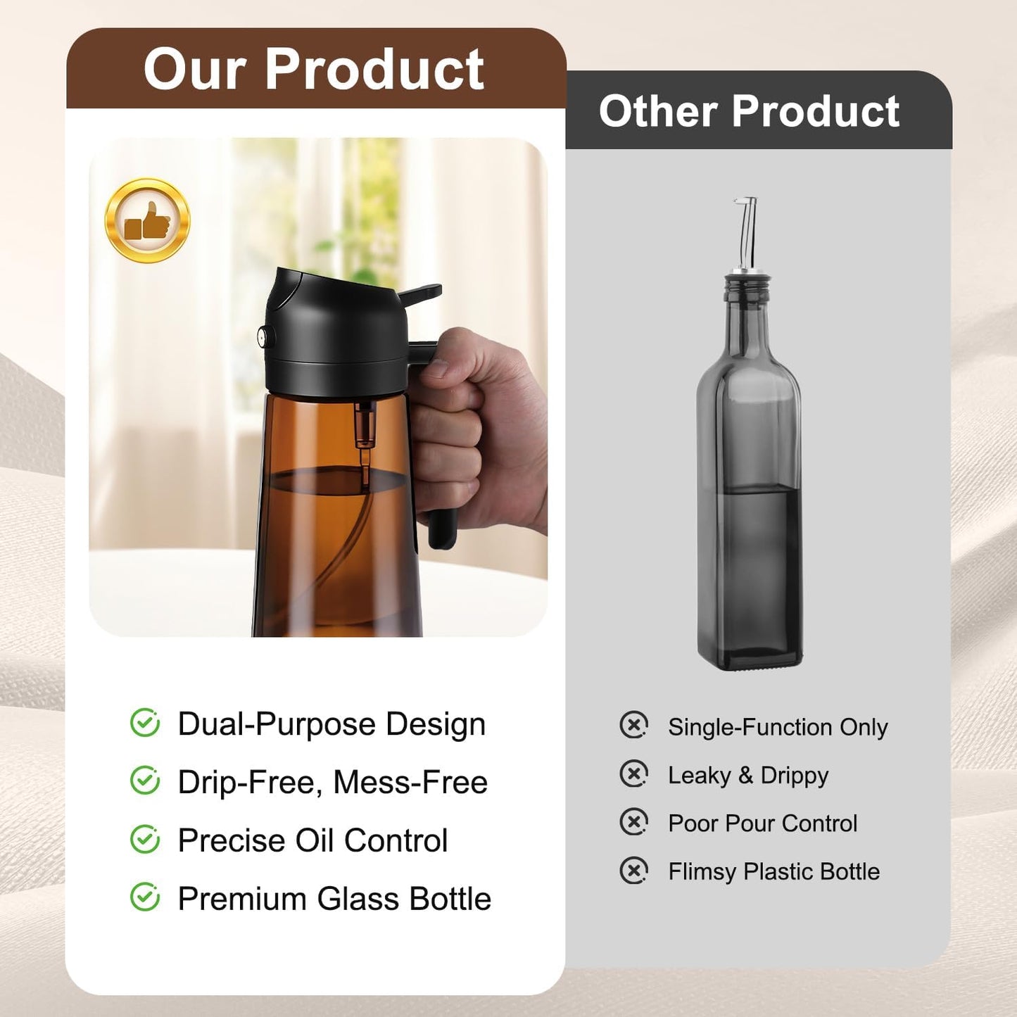 Skiennix 16oz Olive Oil Sprayer - 2-in-1 Dispenser Bottle for Cooking & Salad | Premium Dark Brown Glass