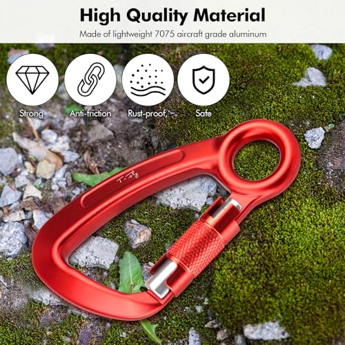 T-Fly Auto Locking Carabiner 35KN (7868 lbs), UIAA Certified 5.4" Climbing Rock Carabiner with Round Eyelet for Rappelling, Climbing, Ropes (Red)