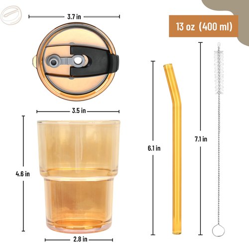 Cafezi 13 oz Glass Tumbler with Glass Straw and Lid, Leak-Proof Reusable Travel Cup for Iced Coffee, Tea, Matcha, Fruit Juice – Thick Wall Clear Water Bottle (Amber, 2 Pack)