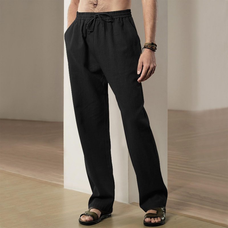 Gesoja Mens Loose Fit Straight Leg Pants Linen Beach Pants Summer Beach Vacation Elastic Waist Work Pant with Pockets 2025 Black XL