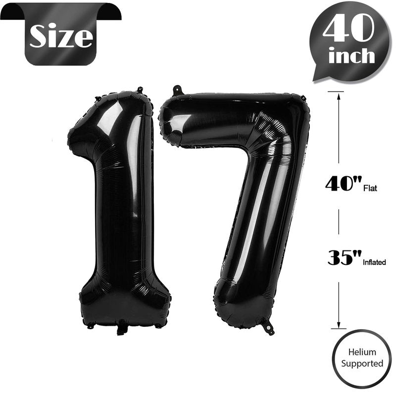 Black Number 17 Balloon 40 inch, 17 Number Balloons, 17th Black Birthday Decorations, 17 Year Old Girls Boys Party Supplies