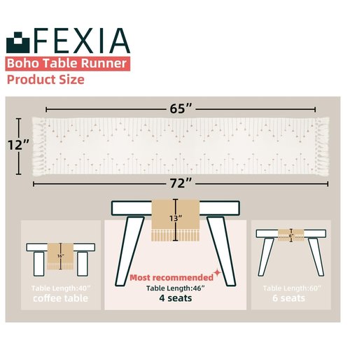 FEXIA Boho Table Runner with Tassels 72 Inches Long for Home Decor Room Decor Farmhouse Rustic Macrame Table Runners for Dining Bedroom Bridal Shower(12x72 Inches)