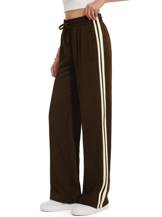 Tapata Petite Womens 28" Inseam Track Pants Relaxed Fit Striped Workout Sweatpants Baggy Trousers with Zipper Pockets, Brown, L