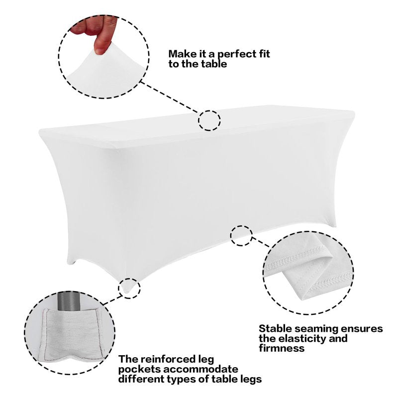 IVAPUPU 2 Pack 4FT Table Cloth for Rectangular Fitted Events Stretch White Table Covers Washable Cover Spandex Spring Tablecloth Protector for Party, Wedding, Cocktail, Banquet, Festival