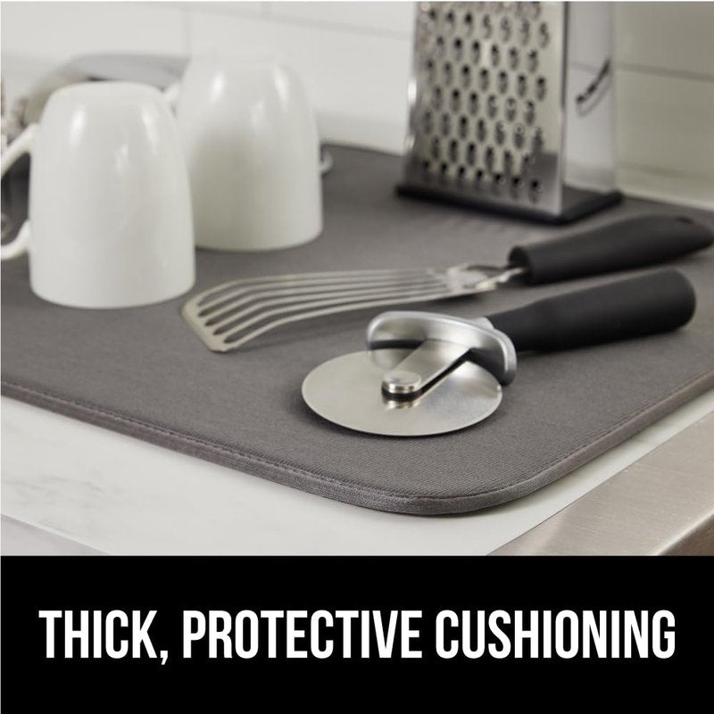 GORILLA GRIP Ultra Water Absorbent Microfiber Dish Drying Mat, Quick Dry Thick Mesh, Slip Resistant Pad for Sink Dishes or Under Rack, Kitchen Counter Accessories, 16x18, Machine Wash Mats, Gray